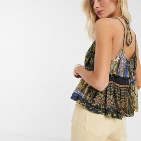Free People Bellini Patchwork Tank Top Halter Neck Cutout Black Combo EU… - Picture 5 of 12